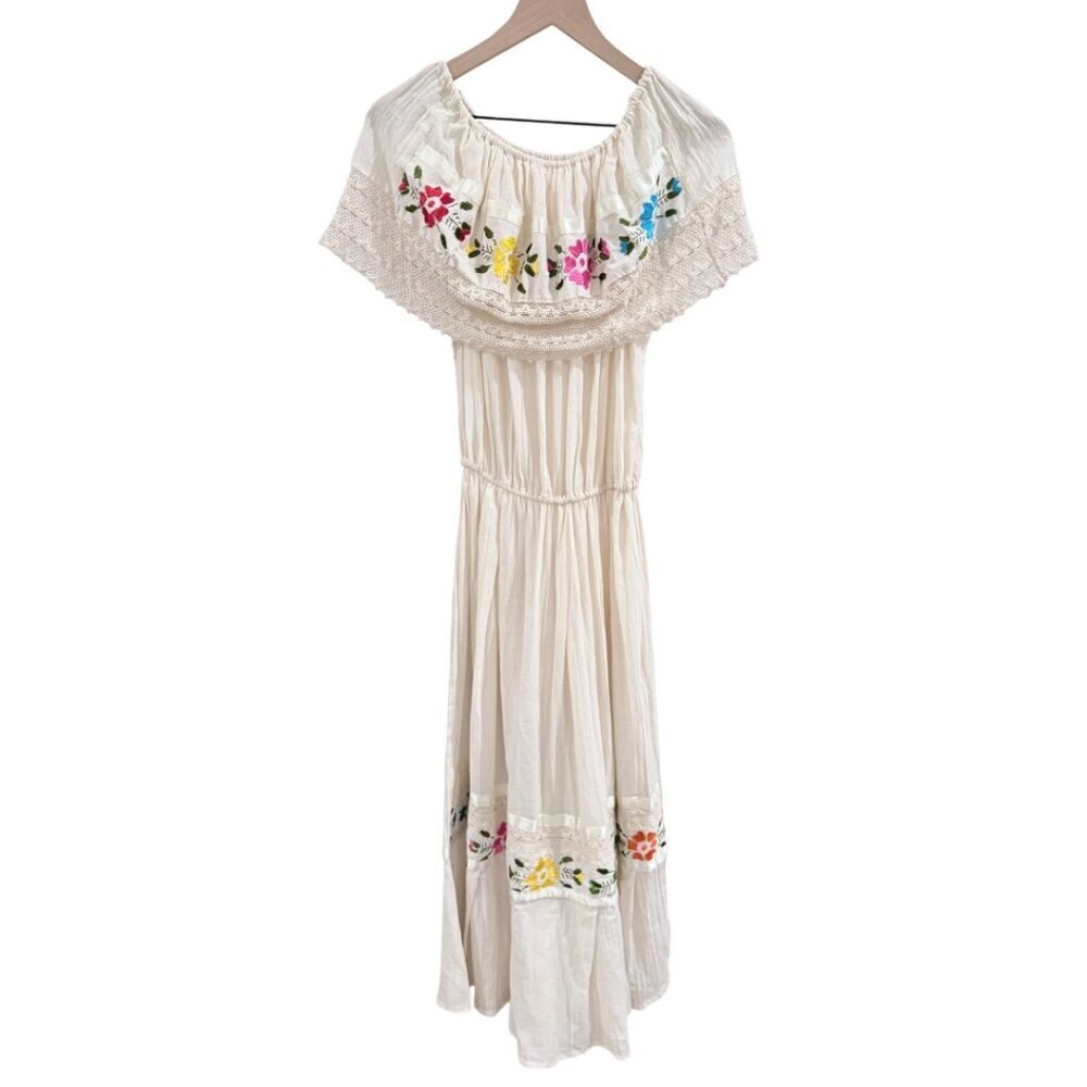 Vintage Off-Shoulder Mexican Embroidered Maxi Dress Cream Floral Boho XS/S - Picture 3 of 5
